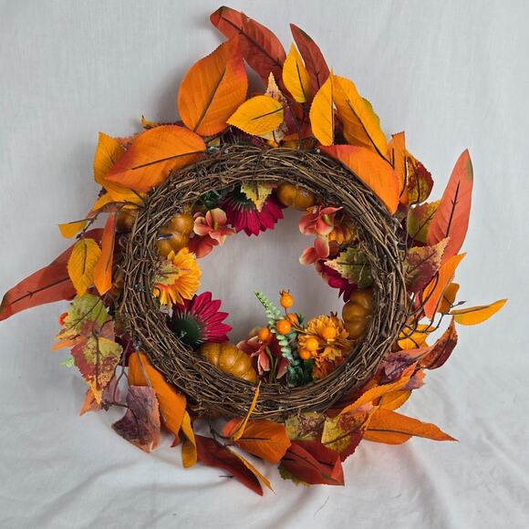 Fall Holiday Wreath 16" x 16" x 3.5" Leaves Pumpkins Floral Artificial New - Picture 6 of 12